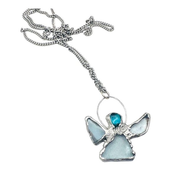 Sea Glass Angel Pendant Bezel Handcrafted with intricate Silver Blend Metalwork - Picture 5 of 16